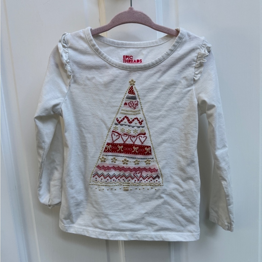Epic Threads 3T White Girls Christmas Tree Long Sleeve Top Blouse
